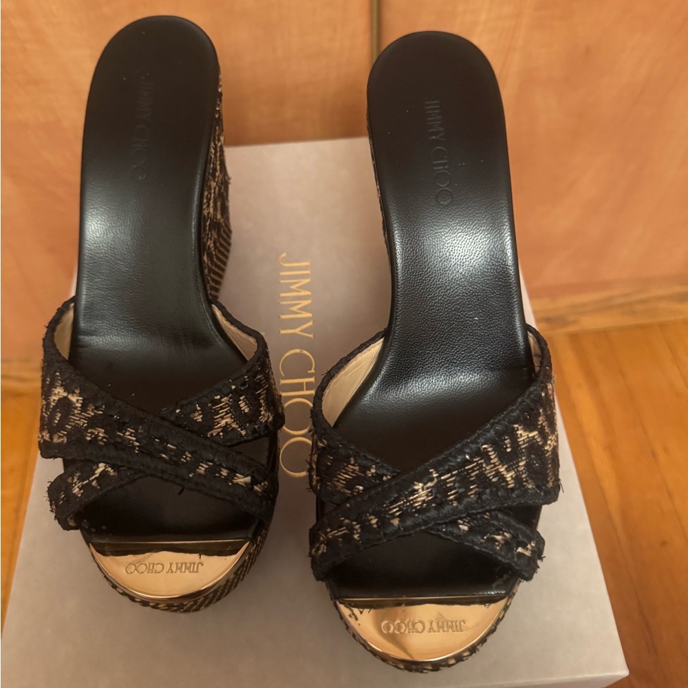 Jimmy Choo Black and Gold Wedge Sandal Platforms - Picture 2 of 5